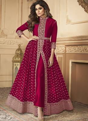  Shamita Shetty Hot Pink Golden Slit Style Pant Suits 1