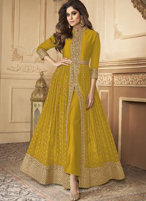  Shamita Shetty Yellow Golden Slit Style Pants Suit 1