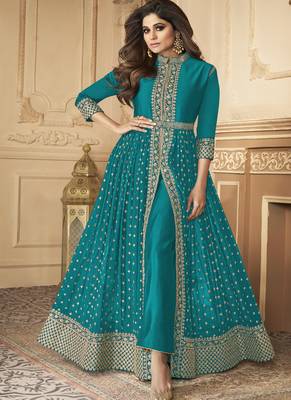  Shamita Shetty Peacock Blue Golden Slit Style Pants Suit 1