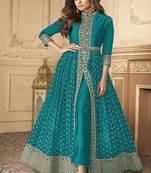  Shamita Shetty Peacock Blue Golden Slit Style Pants Suit