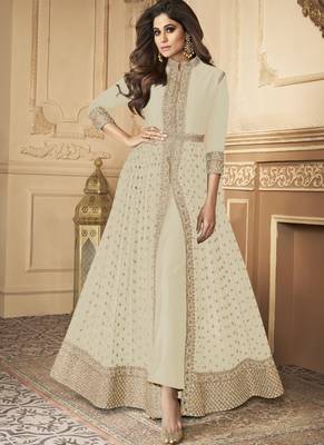  Shamita Shetty Off White Golden Slit Style Pants Suit 1