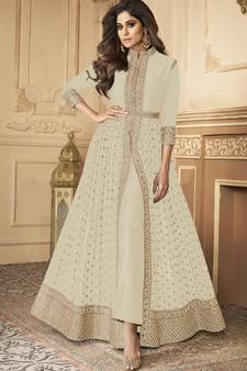  Shamita Shetty Off White Golden Slit Style Pants Suit