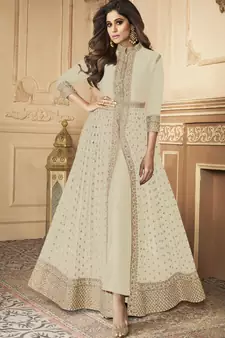  Shamita Shetty Off White Golden Slit Style Pants Suit