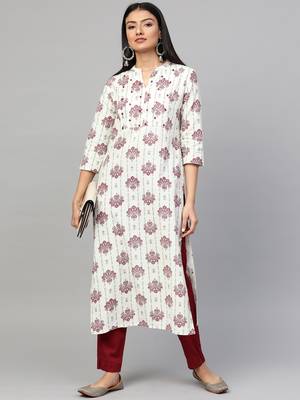 Off-white printed cotton ethnic-kurtis 3