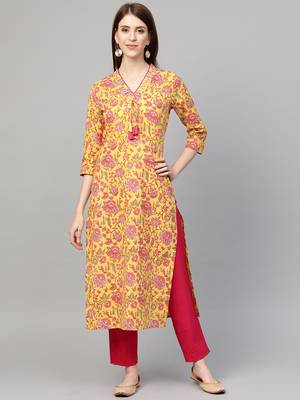 Yellow printed cotton ethnic-kurtis 1