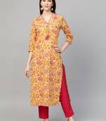 Yellow printed cotton ethnic-kurtis