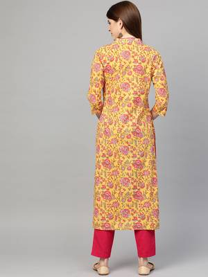 Yellow printed cotton ethnic-kurtis 2