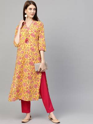 Yellow printed cotton ethnic-kurtis 3