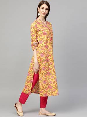 Yellow printed cotton ethnic-kurtis 4