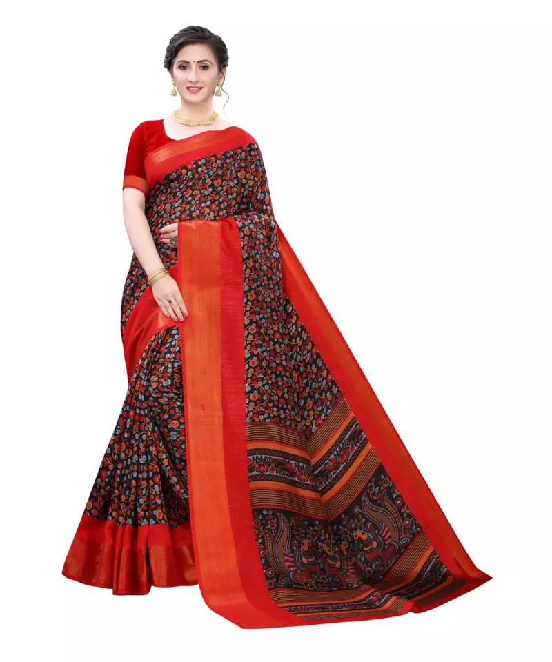 Black Art Silk Floral Printed Saree With Blouse