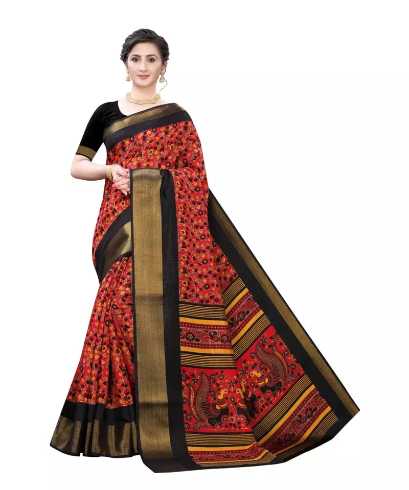 Red Art Silk Floral Printed Saree With Blouse
