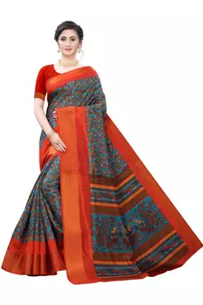 Orange Art Silk Floral Printed Saree With Blouse