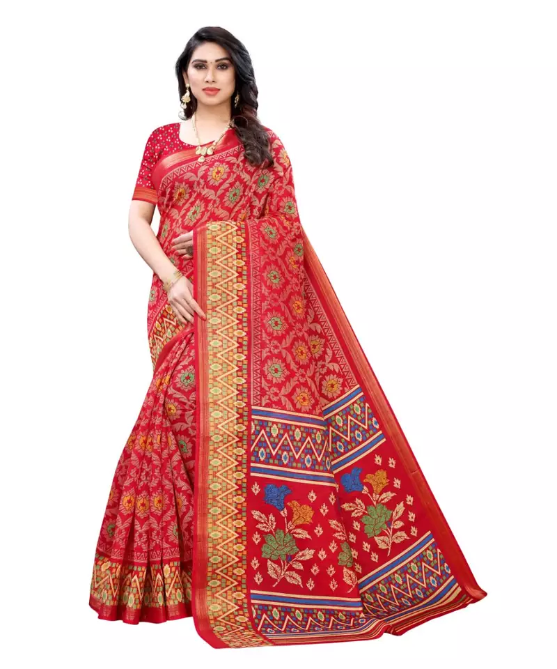 Red Art Silk Floral Printed Saree With Blouse