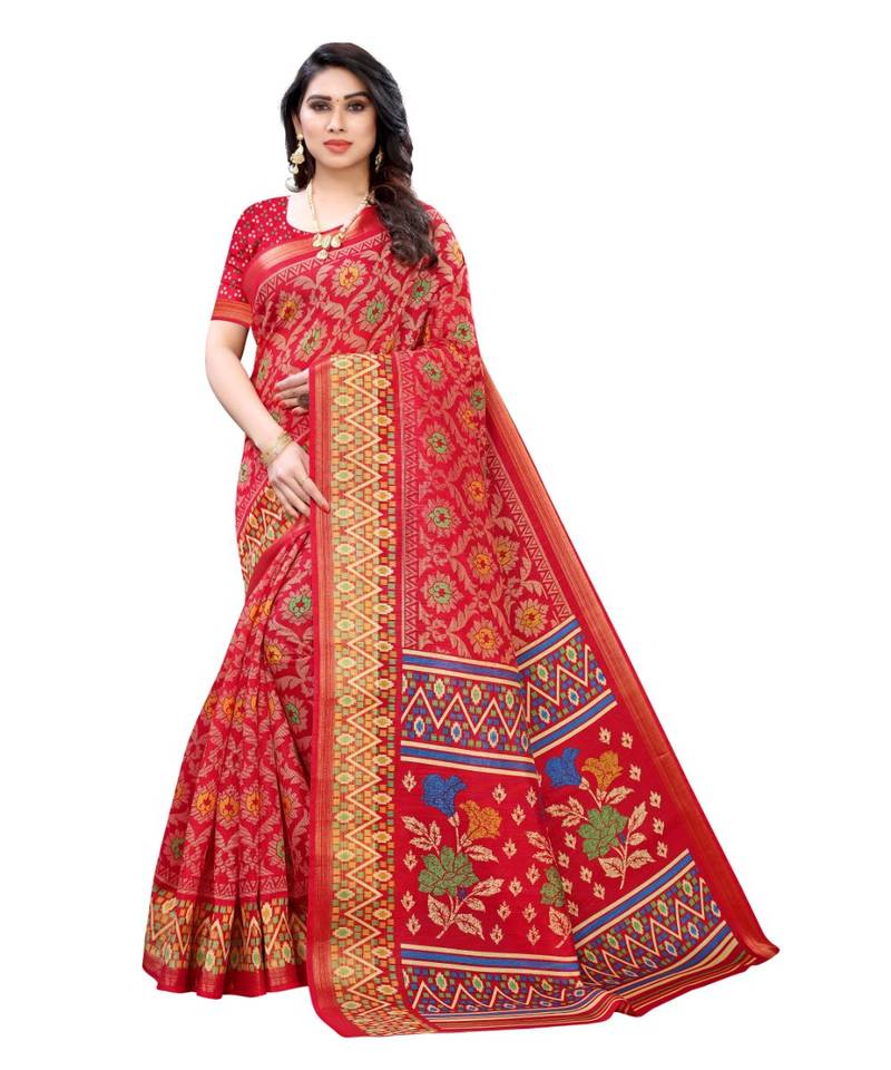 Red Art Silk Floral Printed Saree With Blouse