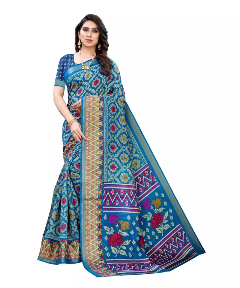 Blue Art Silk Floral Printed Saree With Blouse