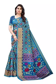 Blue Art Silk Floral Printed Saree With Blouse