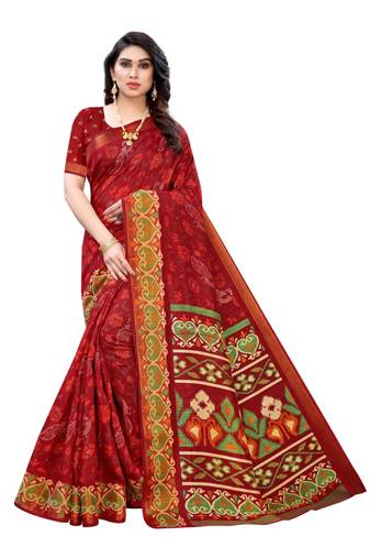 Red Art Silk Floral Printed Saree With Blouse