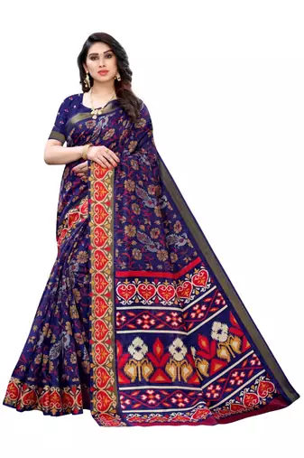 Blue Art Silk Floral Printed Saree With Blouse