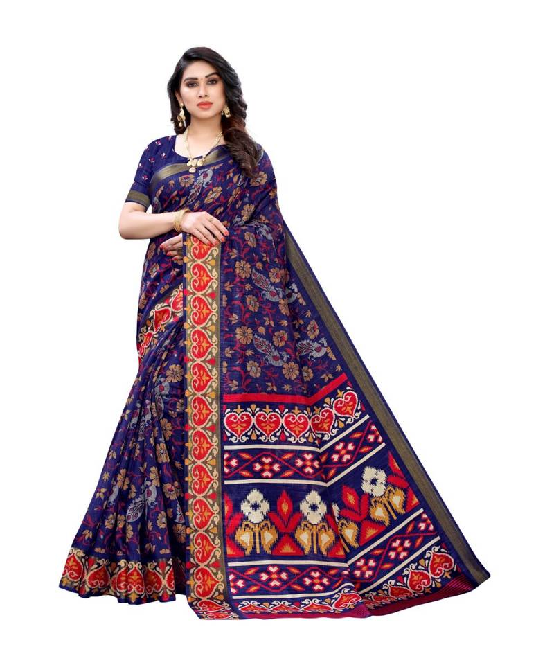 Blue Art Silk Floral Printed Saree With Blouse