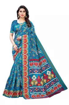 Blue Art Silk Floral Printed Saree With Blouse