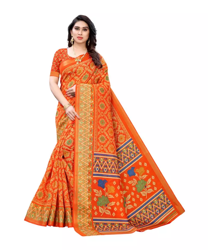 Orange Art Silk Floral Printed Saree With Blouse