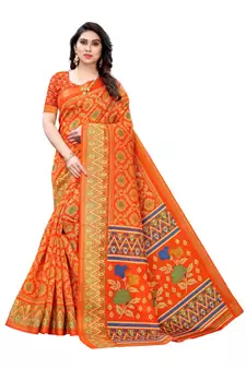 Orange Art Silk Floral Printed Saree With Blouse