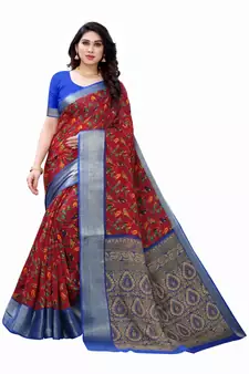 Red Art Silk Floral Printed Saree With Blouse