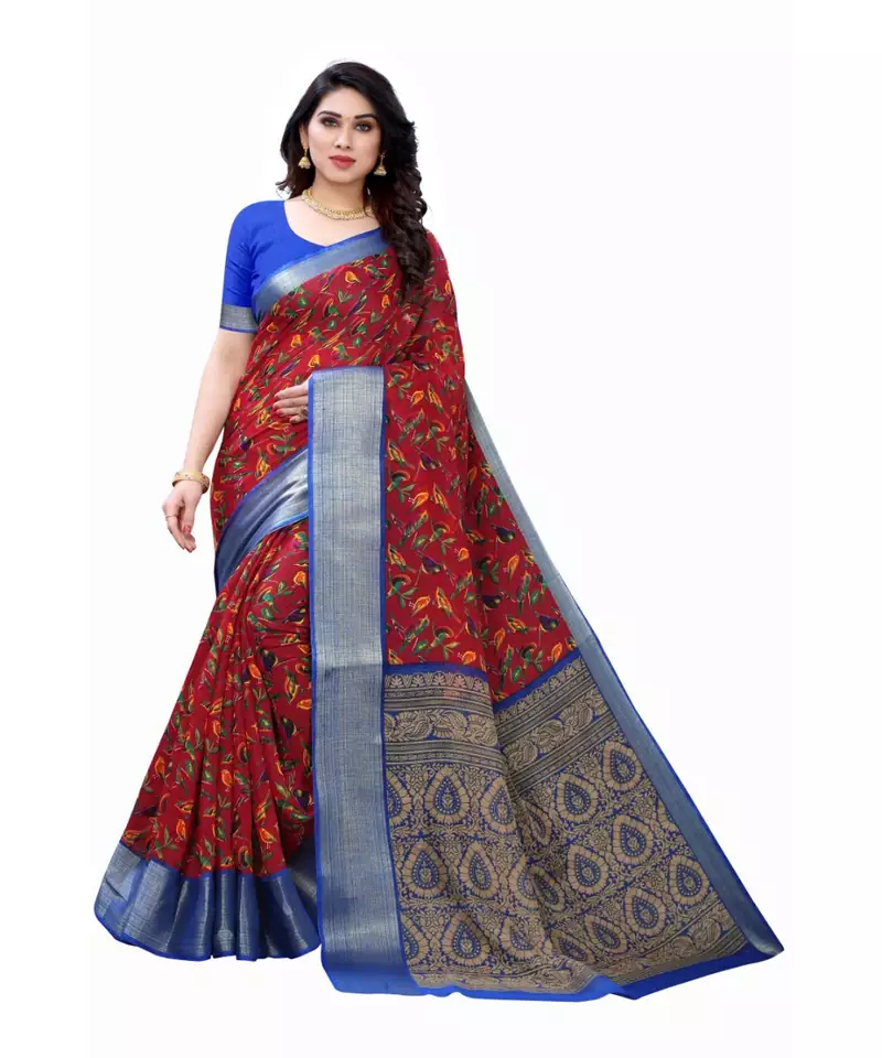 Red Art Silk Floral Printed Saree With Blouse