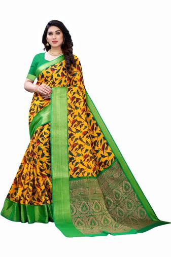 Yellow Art Silk Floral Printed Saree With Blouse