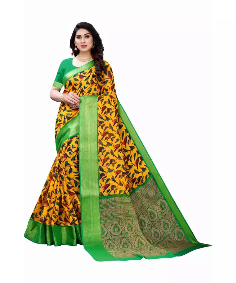 Yellow Art Silk Floral Printed Saree With Blouse