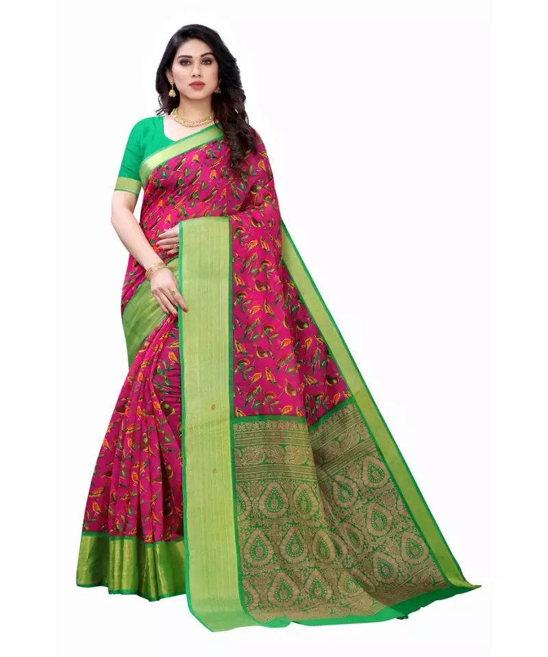 Pink Art Silk Floral Printed Saree With Blouse