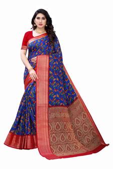 Blue Art Silk Floral Printed Saree With Blouse