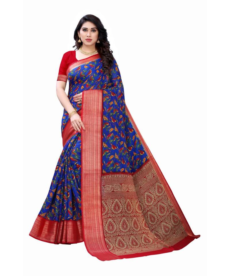 Blue Art Silk Floral Printed Saree With Blouse
