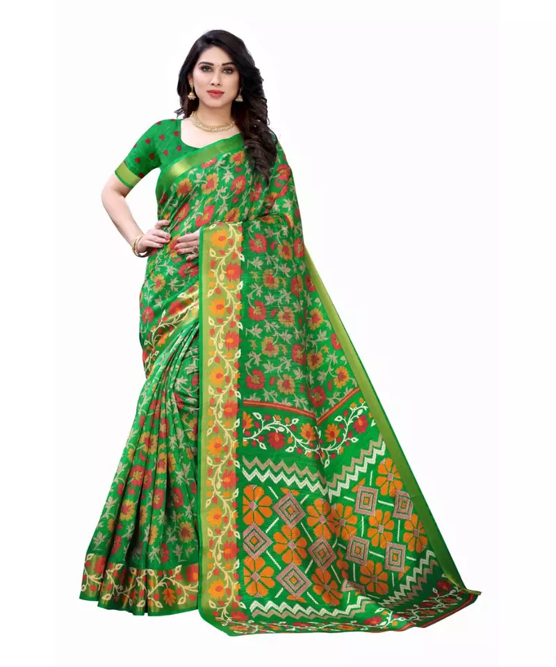 Green Art Silk Floral Printed Saree With Blouse