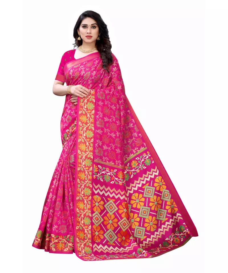 Pink Art Silk Floral Printed Saree With Blouse