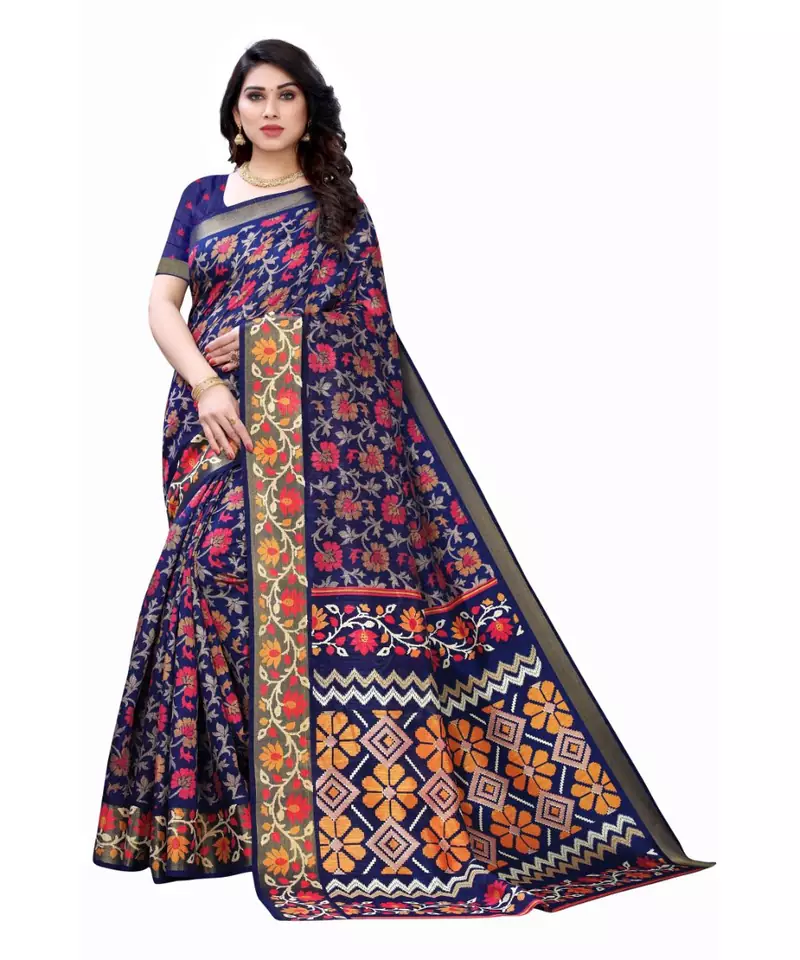 Blue Art Silk Floral Printed Saree With Blouse