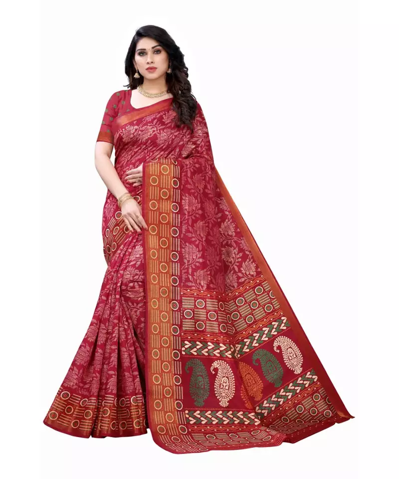 Pink Art Silk Floral Printed Saree With Blouse