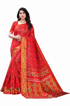 Red Art Silk Floral Printed Saree With Blouse
