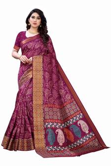 Purple Art Silk Floral Printed Saree With Blouse