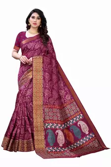 Purple Art Silk Floral Printed Saree With Blouse