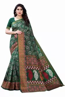 Green Art Silk Floral Printed Saree With Blouse