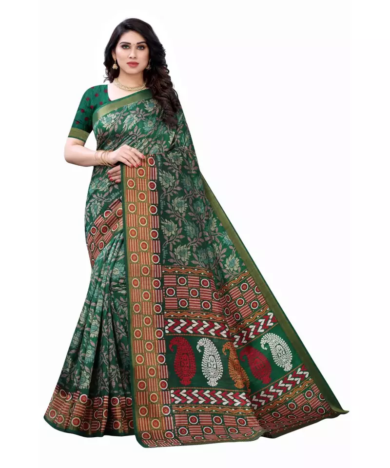 Green Art Silk Floral Printed Saree With Blouse
