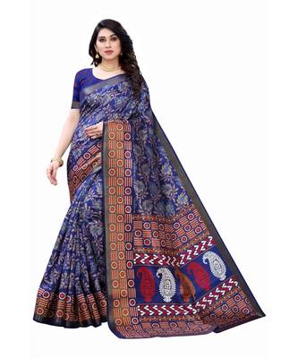 Blue Art Silk Floral Printed Saree With Blouse 2