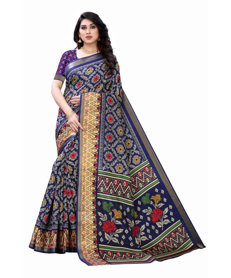 Blue Art Silk Floral Printed Saree With Blouse