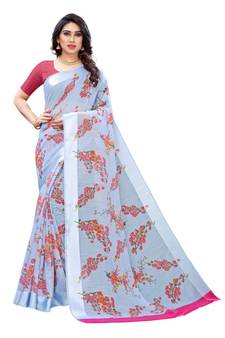 Grey Art Silk Floral Printed Saree With Blouse