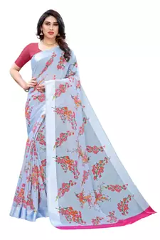 Grey Art Silk Floral Printed Saree With Blouse