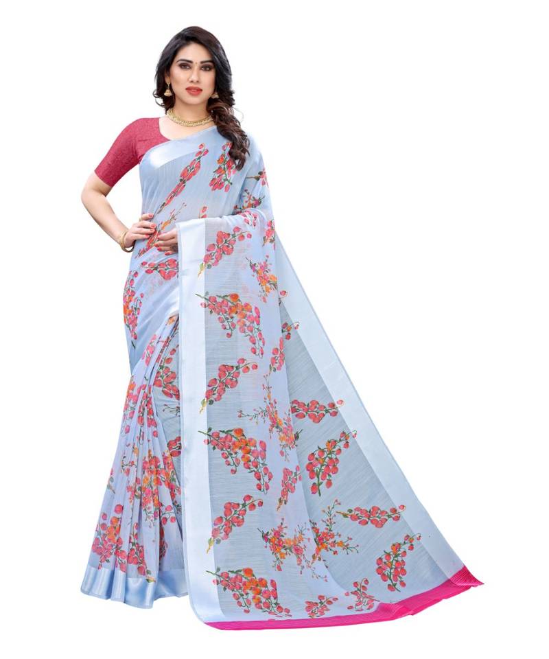Grey Art Silk Floral Printed Saree With Blouse
