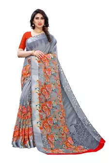 Grey Art Silk Floral Printed Saree With Blouse