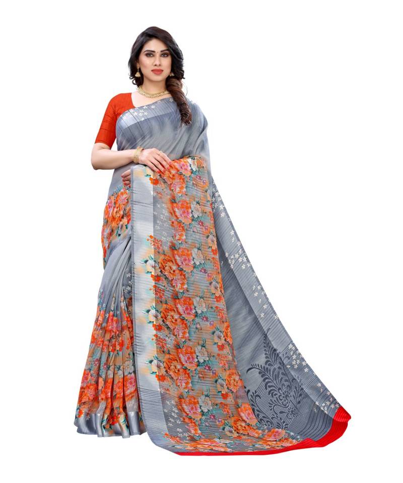 Grey Art Silk Floral Printed Saree With Blouse