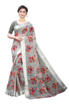 Grey Art Silk Floral Printed Saree With Blouse
